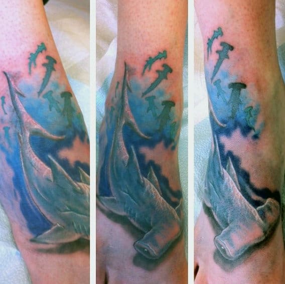 cool-watercolor-hammerhead-shark-foot-tattoos-for-guys