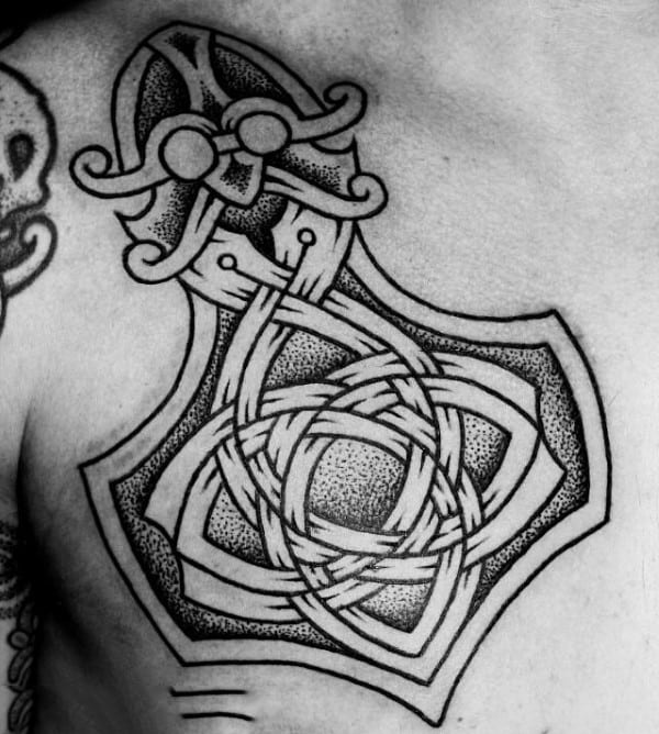 dotwork-ornate-mjolnir-guys-upper-chest-tattoos