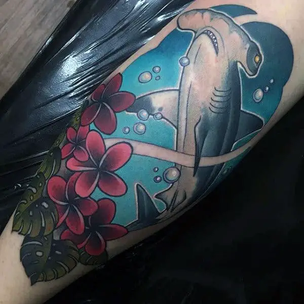 floral-hammerhead-shark-creative-mens-leg-tattoo