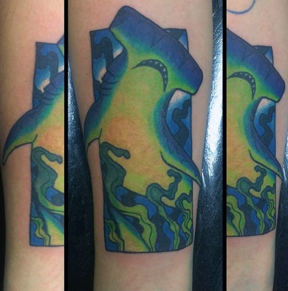 glowing-green-and-blue-hammerhead-shark-forearm-male-tattoo-ideas