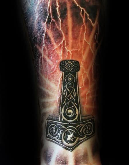 glowing-orange-lighting-bolts-mjolnir-mens-sleeve-tattoos