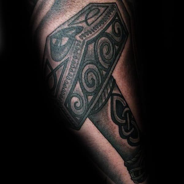 guys-dark-shaded-black-and-grey-mjolnir-arm-tattoos