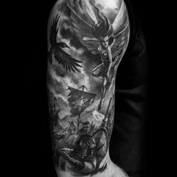 half-sleeve-3d-battle-scene-guys-tattoo-ideas-valkyrie-designs