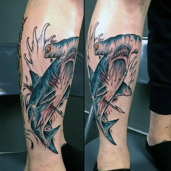 hammerhead-shark-with-spear-mens-leg-tattoo