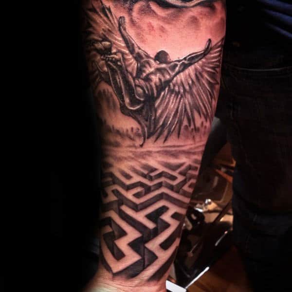 maze-with-3d-design-mens-icarus-forearm-sleeve-tattoo