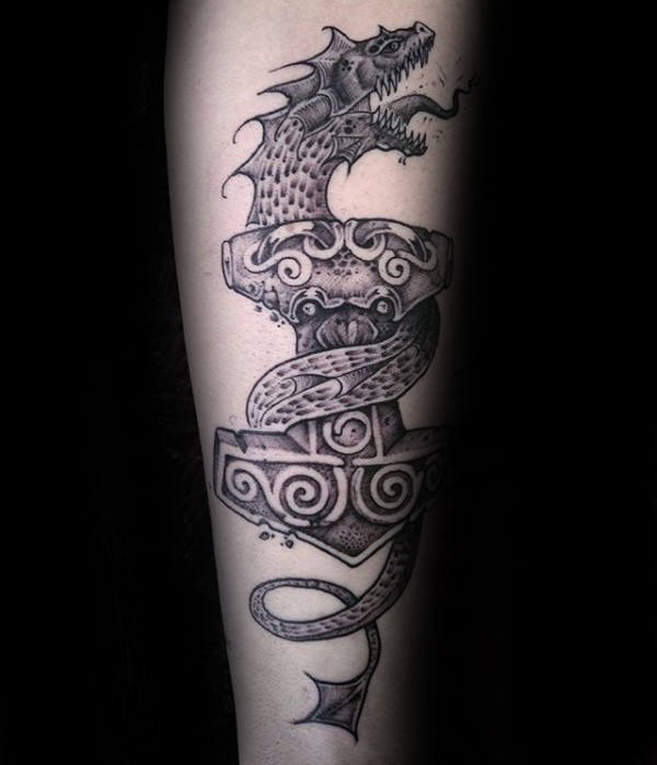 mens-dragon-wrapped-around-mjolnir-forearm-tattoo