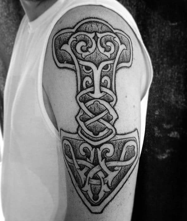 mens-mjolnir-dotwork-arm-tattoo
