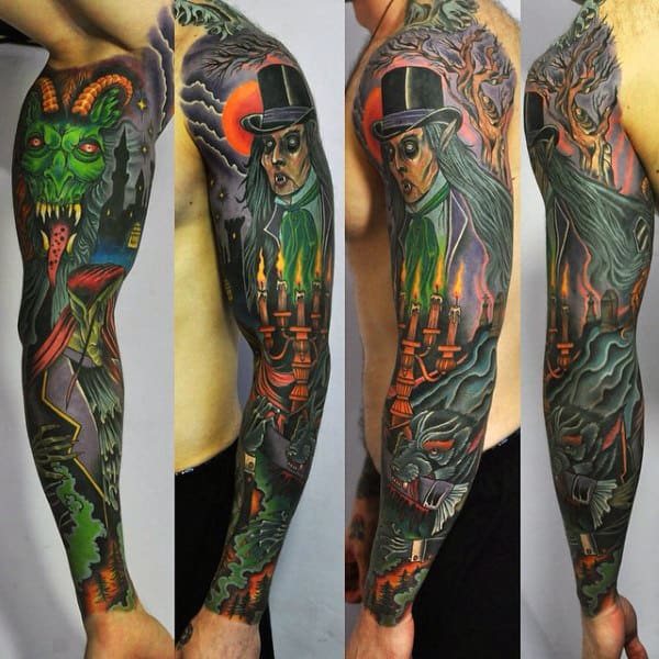 mens-vampire-themed-full-tattoo-sleeve-design-ideas