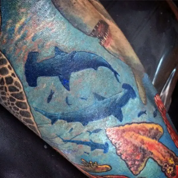 ocean-themed-hammerhead-shark-mens-sleeve-tattoo-designs