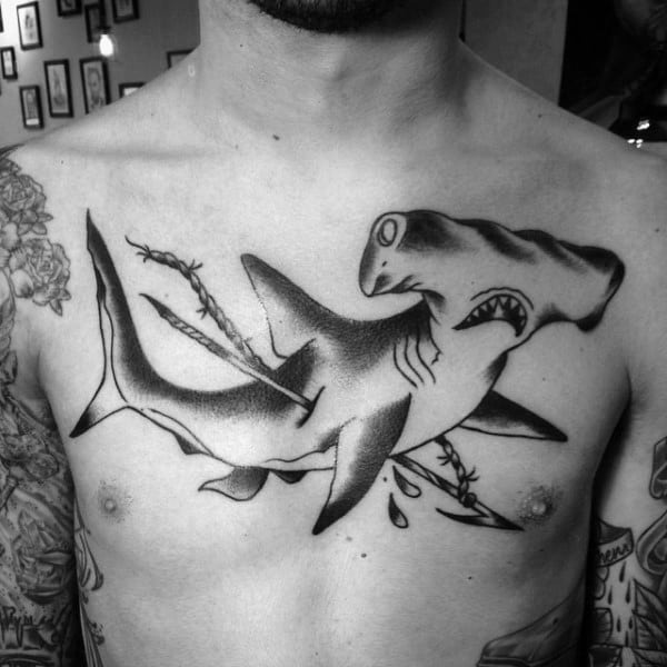 old-school-sailor-jerry-hammerhead-shark-spear-upper-chest-tattoos