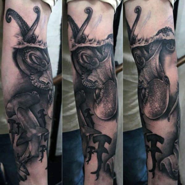 realistic-octopus-hammerhead-shark-arm-tattoo-for-males