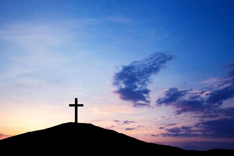 The cross on the hill, Jesus Christ from the Bible. Easter, Religion. Salvation of sins, sacrifice.