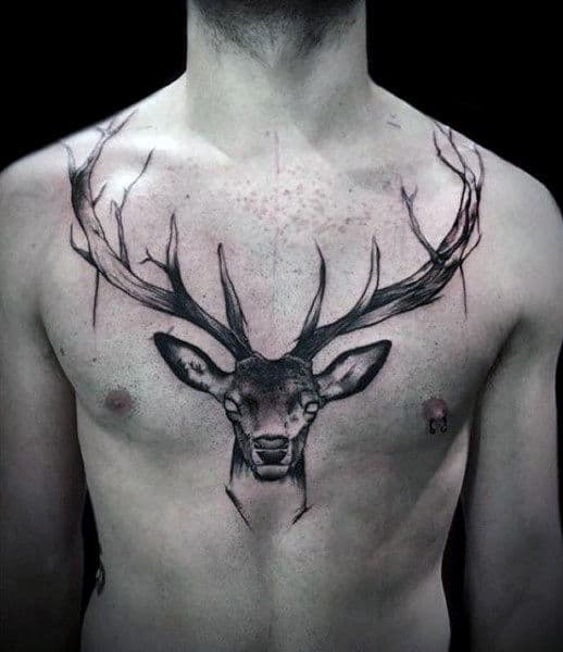 black-ink-deer-head-mens-chest-tattoo