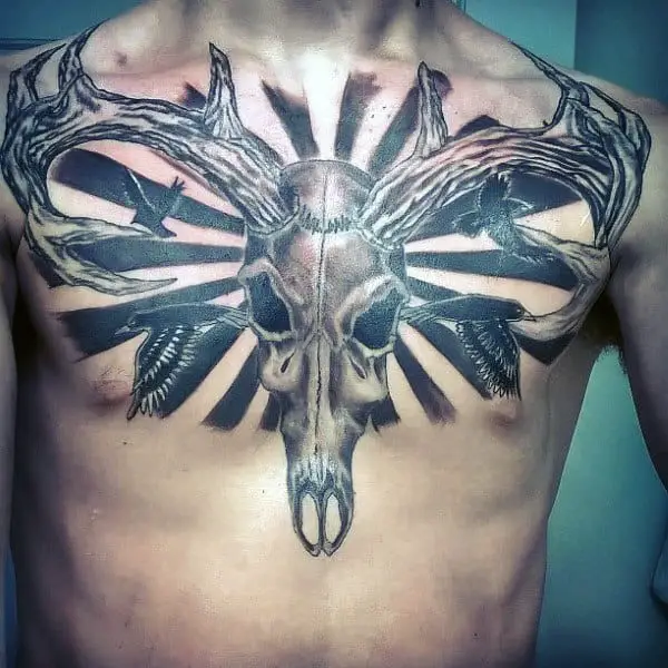 chest-sun-ray-mens-deer-skull-tattoo