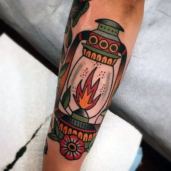 awesome-mens-outer-forearm-traditional-lantern-tattoo-inspiration