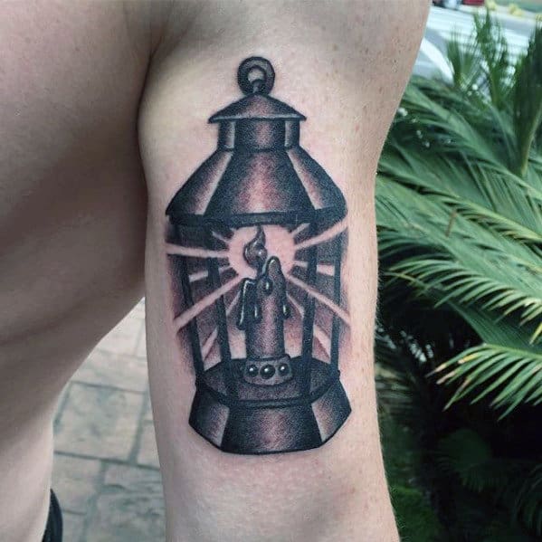 back-of-arm-guys-shaded-candle-traditional-lantern-tattoo