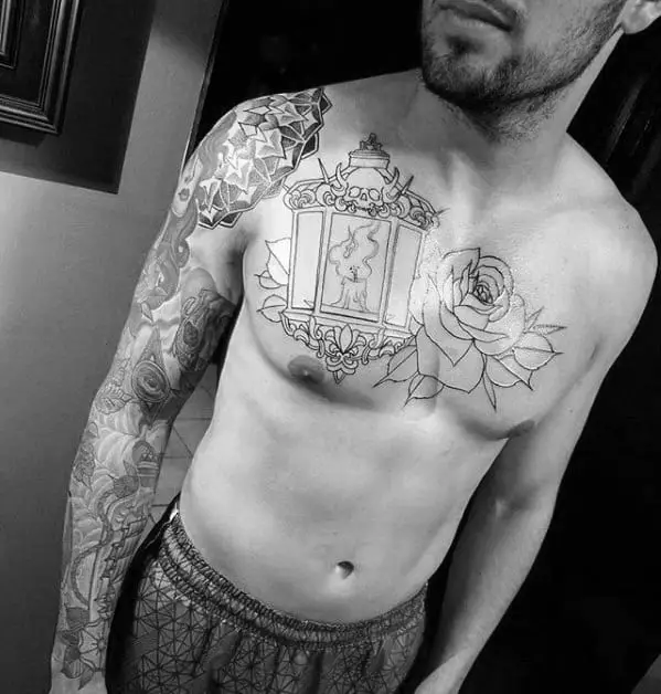 black-ink-outline-retro-traditional-lantern-flower-male-chest-tattoos