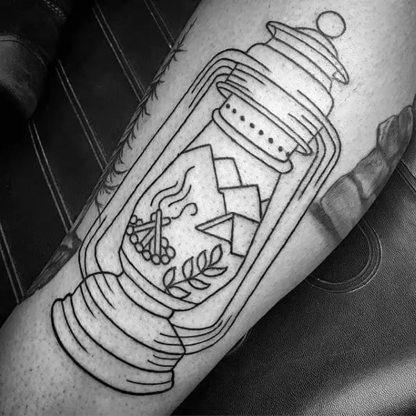 black-ink-outline-traditional-lantern-nature-camping-tent-mens-arm-tattoo