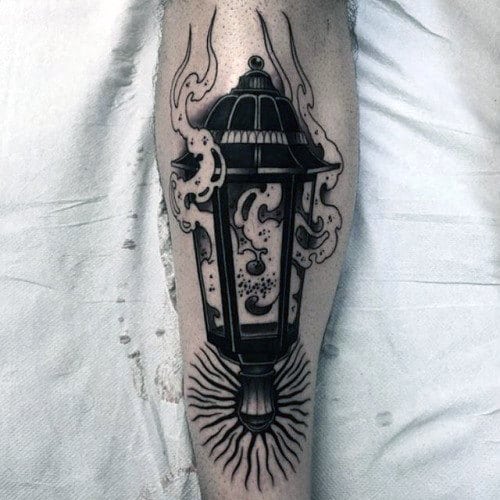 black-ink-smoking-lantern-guys-traditional-shin-tattoos