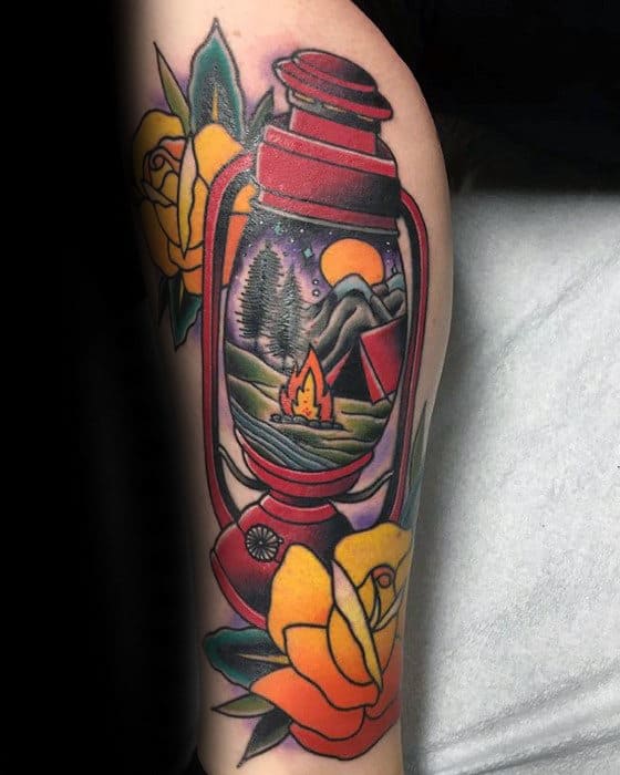 camping-outdoors-with-tent-mens-traditional-lantern-leg-tattoo