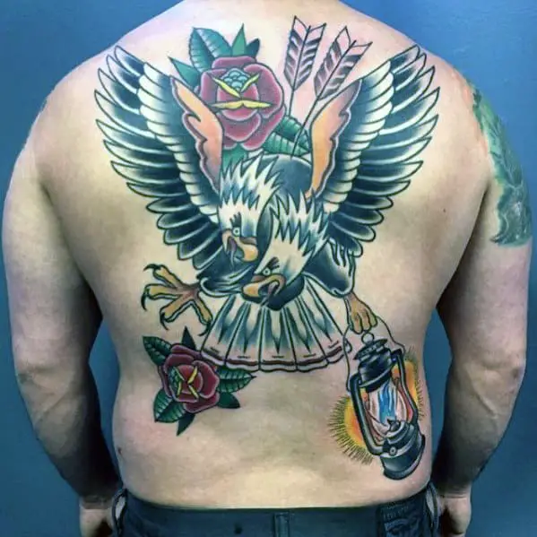 cool-traditional-lantern-with-bald-eagles-mens-back-tattoo