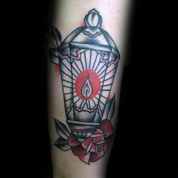 creative-outer-arm-traditional-lantern-with-red-candle-light-tattoo-for-men