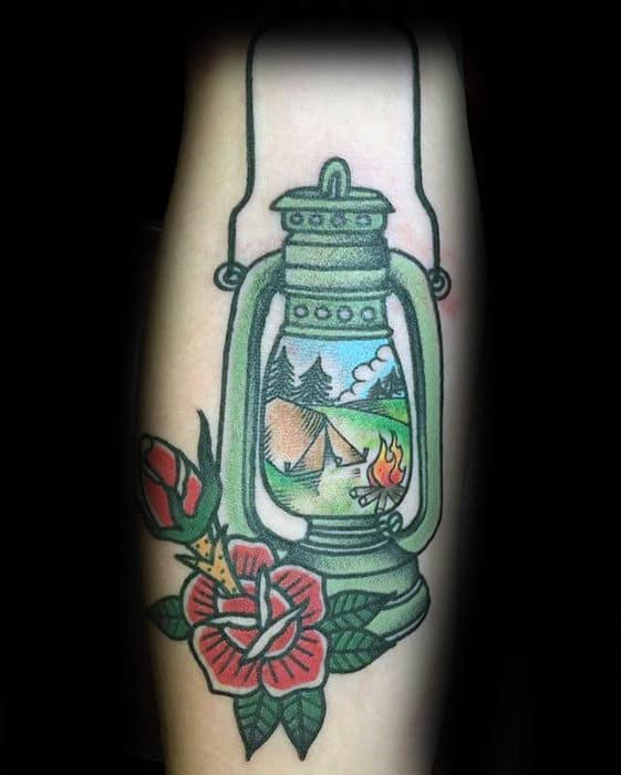 green-lantern-with-camping-scene-mens-traditional-forearm-tattoo