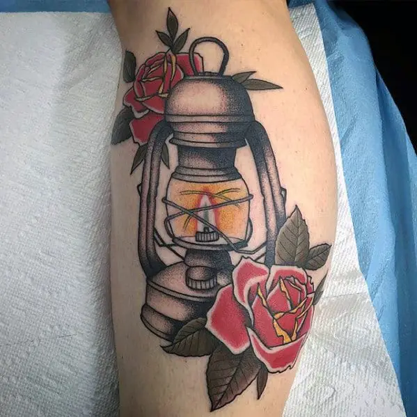 guys-leg-traditional-lantern-rose-flower-old-school-tattoos