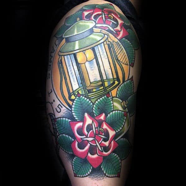 half-sleeve-flowers-with-traditional-lantern-guys-tattoo-designs