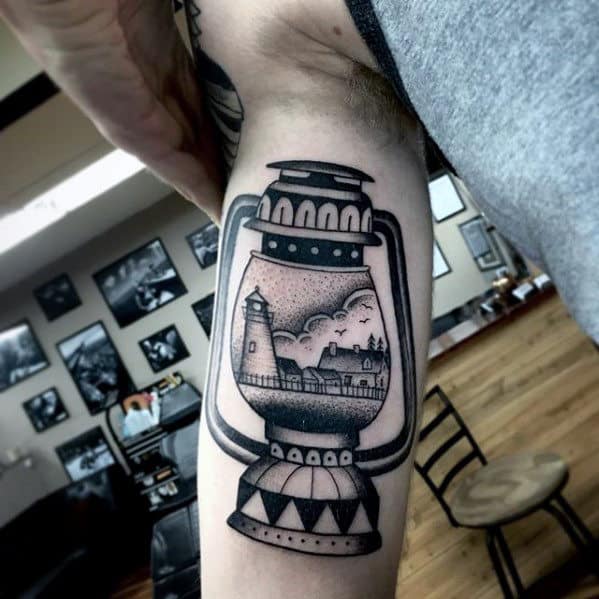 manly-traditional-lantern-lighthouse-arm-tattoos-for-guys