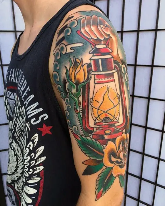 mens-traditional-lantern-half-sleeve-tattoos