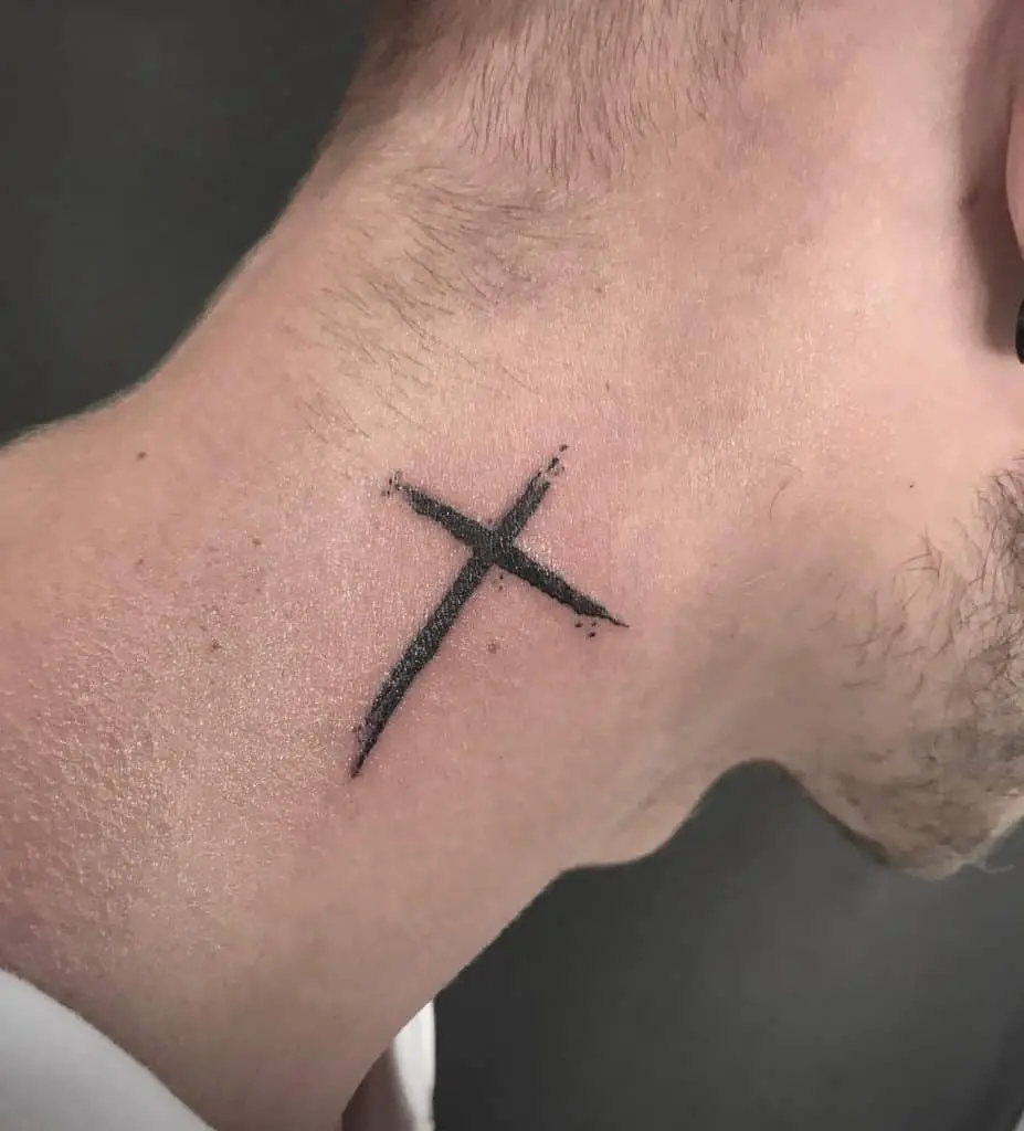 Small-Cross-Ear-Neck-Tattoo