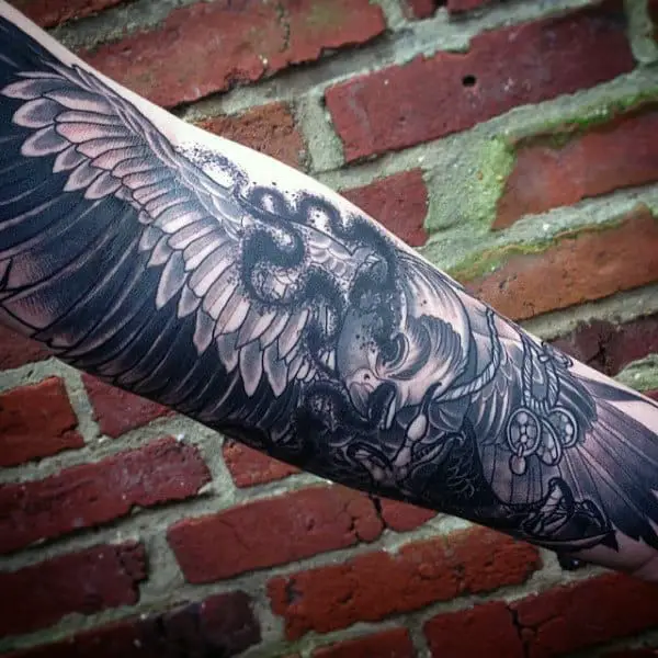 amazing-neo-traditional-black-and-grey-falcon-forearm-tattoos-for-guys