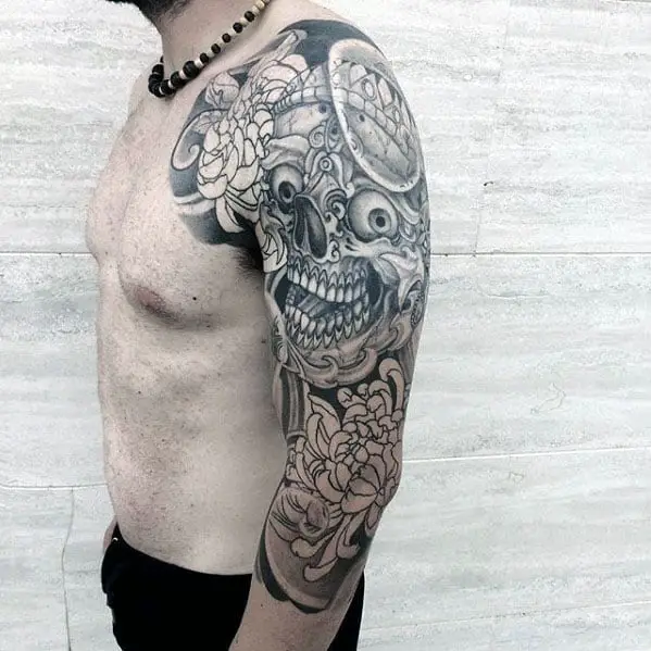 awesome-skull-with-flowers-half-sleeve-japanese-mens-tattoos