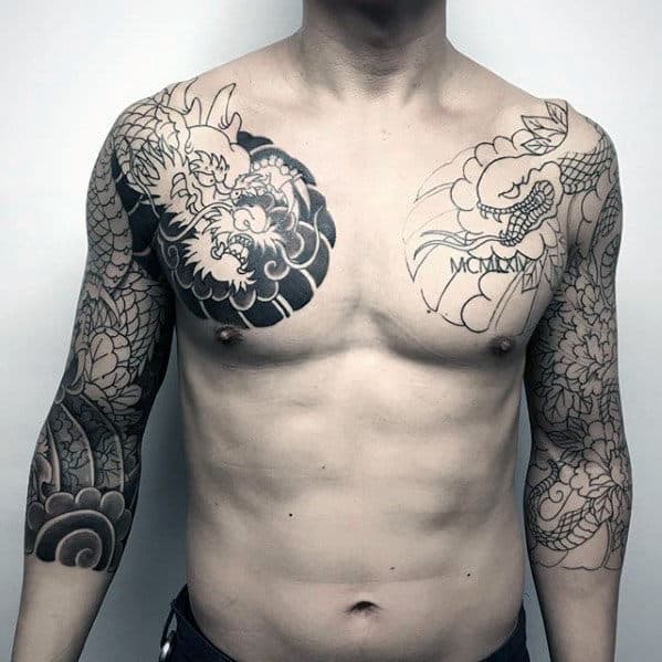 black-and-grey-ink-dragon-and-snake-half-sleeve-japanese-tattoos-for-gentlemen