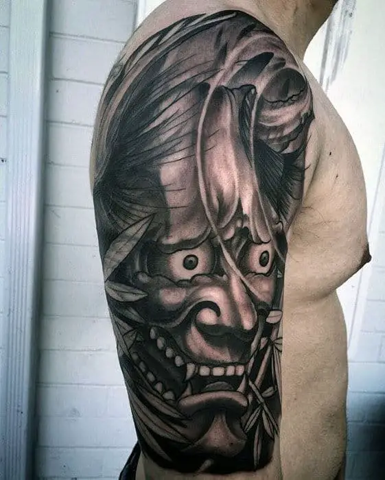 black-and-grey-ink-mens-half-sleeve-japanese-demon-mask-tattoo-ideas