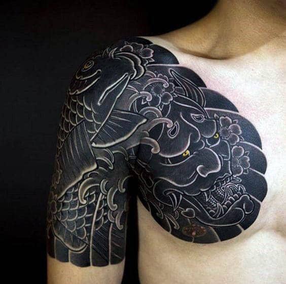 blackwork-mens-koi-fish-demon-mask-japanese-half-sleeve-tattoos