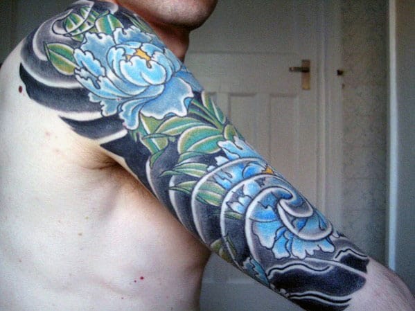 blue-carnation-flower-half-sleeve-japanese-mens-tattoo
