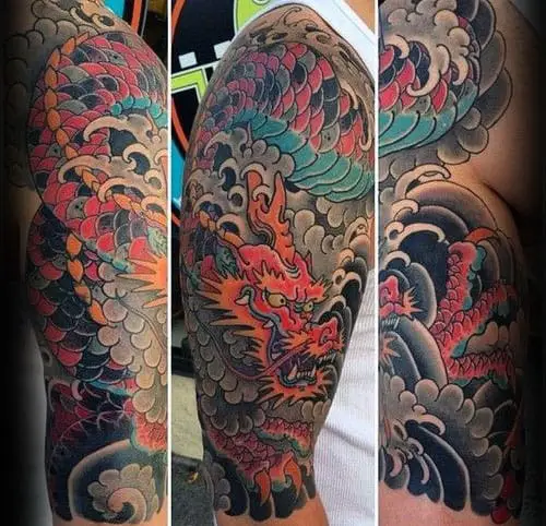 Awesome Colorful Traditional Dragon Tattoo On Right Half Sleeve