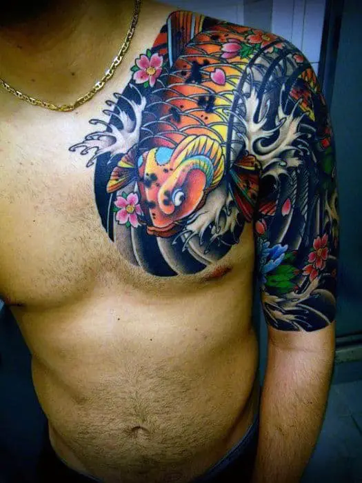 colorful-mens-koi-fish-water-half-sleeve-tattoo-with-japanese-traditional-design