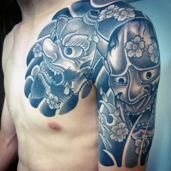 cool-shaded-guys-cherry-blossom-flower-demon-mask-half-sleeve-japanese-tattoos