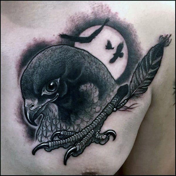 detailed-falcon-moon-and-feather-chest-tattoos-for-men