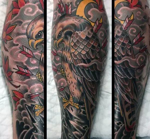 falcon-with-arrows-male-leg-sleeve-tattoo