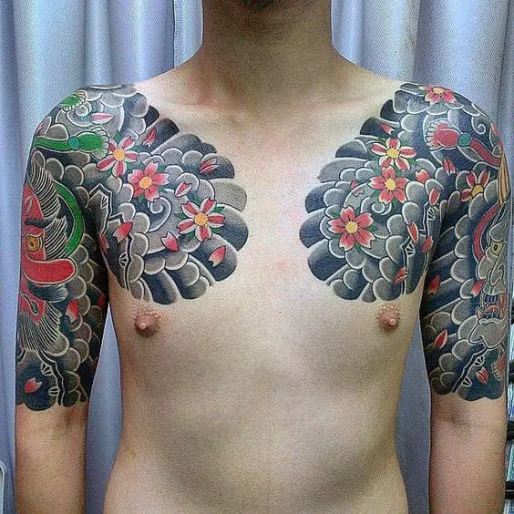 flowers-with-clouds-guys-japanese-half-sleeve-and-chest-tattoos