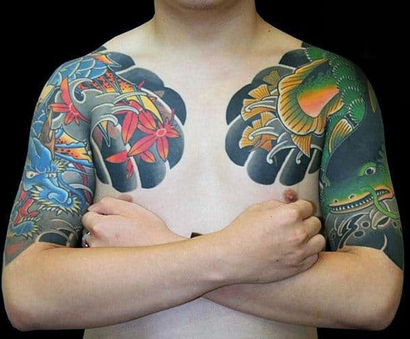 green-fish-with-blue-dragon-japanese-male-half-sleeve-tattoos