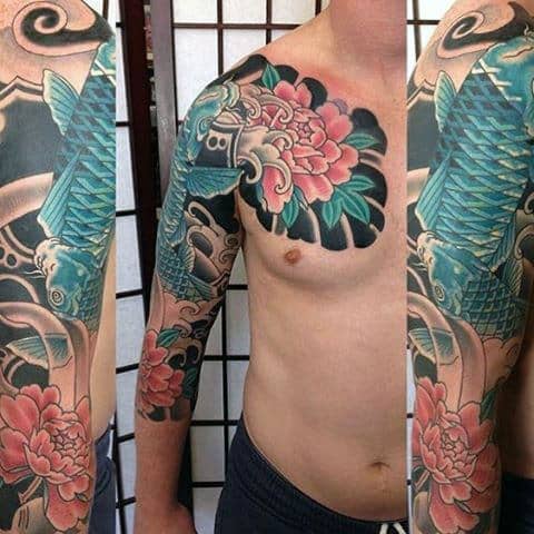 guys-flower-with-blue-koi-fish-japanese-tattoo-half-sleeve