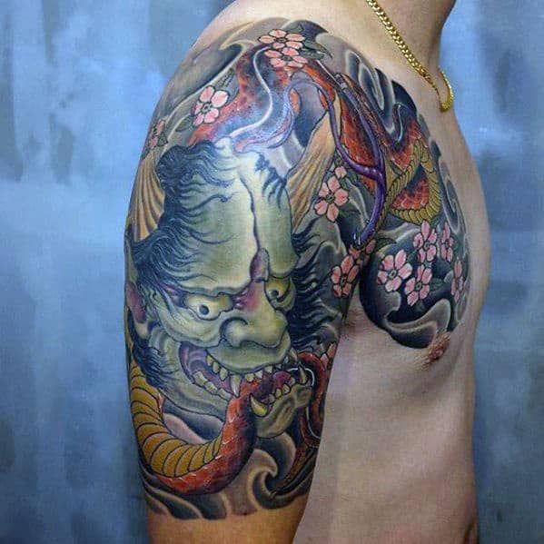 guys-green-demon-mask-snake-half-sleeve-japanese-male-tattoos