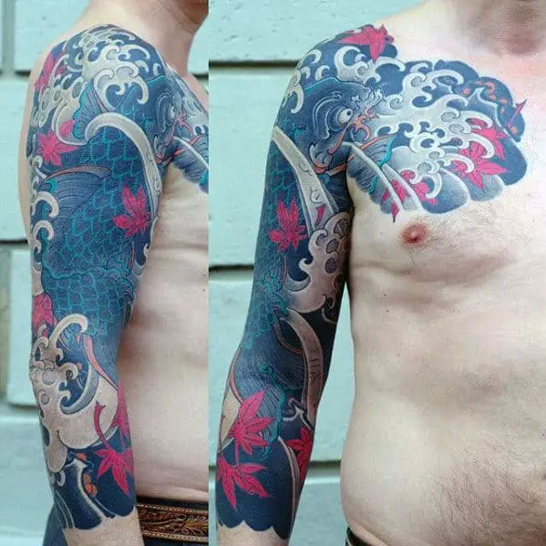 guys-japanese-maple-leaf-with-koi-fish-half-sleeve-tattoo-ideas