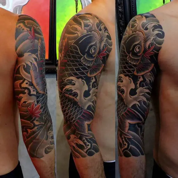 mens-half-sleeve-japanese-koi-fish-splashing-in-water-tattoo
