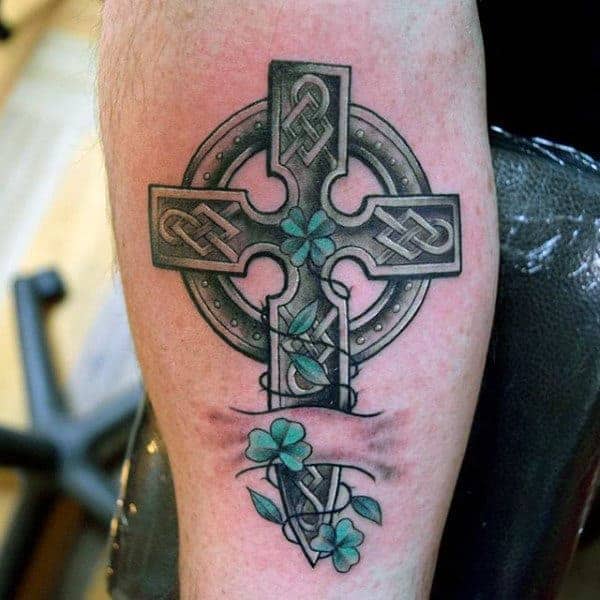 mens-irish-shamrock-celtic-cross-tattoo-on-arm-1